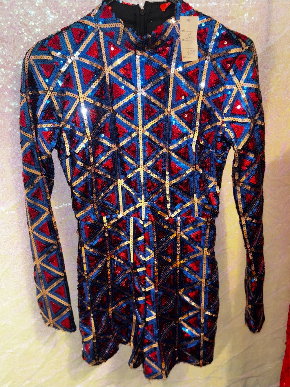 Sequined Geometric Mini Dress in Blue, Red & Gold